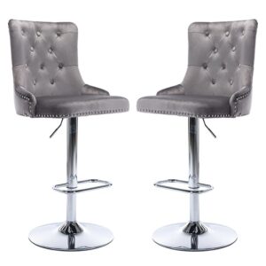 Antrim Dark Grey Velvet Fabric Bar Stools In Pair