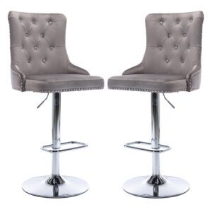 Antrim Silver Grey Velvet Fabric Bar Stools In Pair