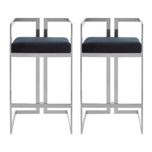 Azaltro Black Velvet Bar Stools With Silver Metalframe In Pair