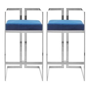 Azaltro Blue Velvet Bar Stools With Silver Metalframe In Pair