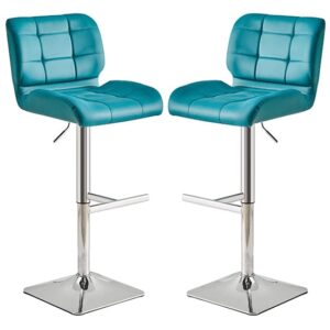 Candid Teal Faux Leather Bar Stools With Chrome Base In Pair