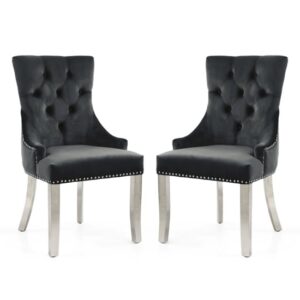Cankaya Black Velvet Accent Chairs With Silver Legs In Pair
