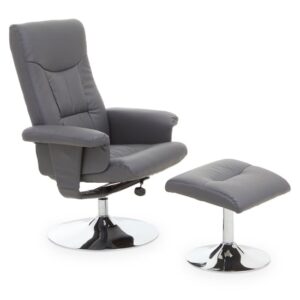 Dumai Leather Recliner Chair With Footstool In Grey