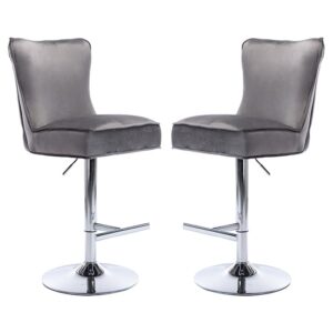 Jemona Dark Grey Velvet Bar Stools In Pair