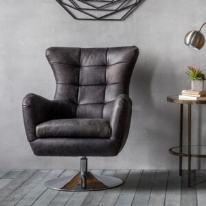 Jester Leather Lounge Chair With Swivel Base In Antique Ebony