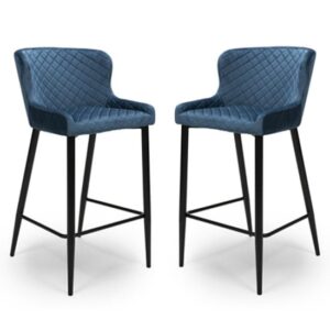 Malmo Blue Velvet Fabric Bar Stool With Metal Base In Pair
