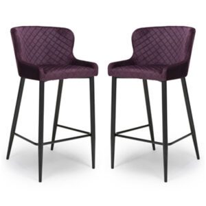 Malmo Mulberry Velvet Fabric Bar Stool With Metal Base In Pair