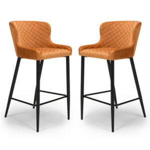 Malmo Orange Velvet Fabric Bar Stool With Metal Base In Pair