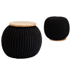 Morgan Round Woven Pouffe With Wooden Plate In Black