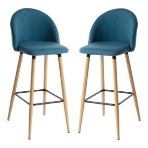 Nissan Blue Fabric Bar Stools With Wooden Legs In Pair