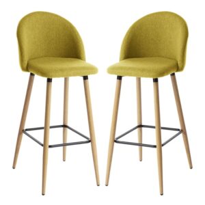 Nissan Mustard Fabric Bar Stools With Wooden Legs In Pair