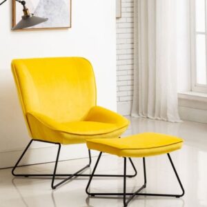 Teagan Velvet Upholstered Accent Chair In Ochre With Footstool