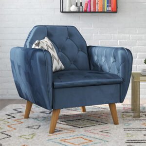 Taluka Memory Foam Velvet Armchair With Wooden Legs In Blue