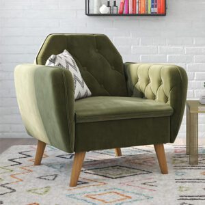 Taluka Memory Foam Velvet Armchair With Wooden Legs In Green