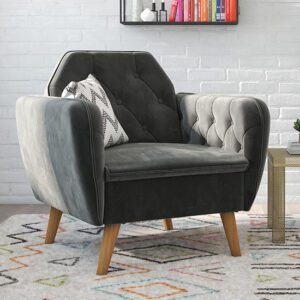 Taluka Memory Foam Velvet Armchair With Wooden Legs In Grey