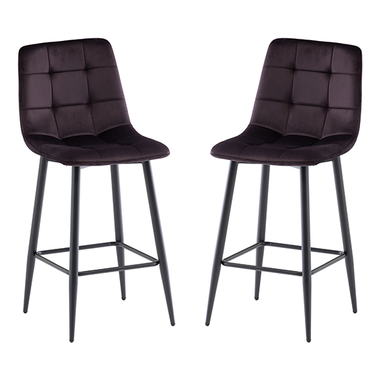 Belva Aubergine Velvet Fabric Counter Bar Stools In Pair