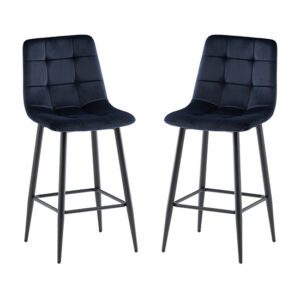 Belva Deep Blue Velvet Fabric Counter Bar Stools In Pair