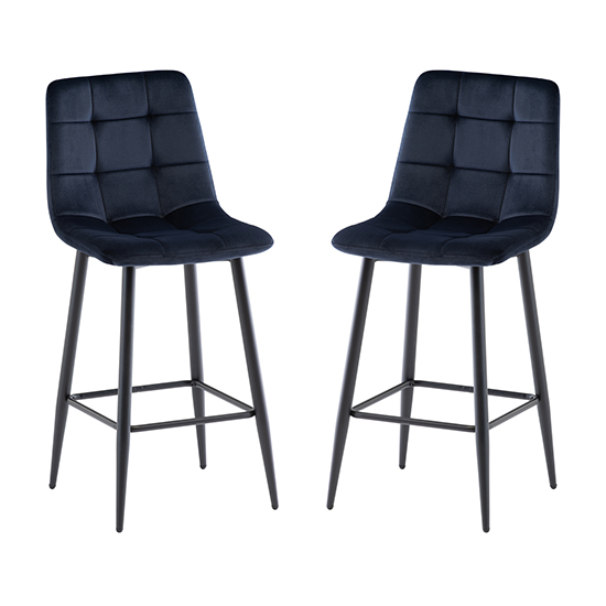 Belva Deep Blue Velvet Fabric Counter Bar Stools In Pair