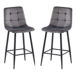 Belva Grey Velvet Fabric Counter Bar Stools In Pair