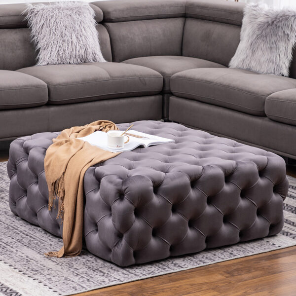 100cm Wide Grey Square Velvet Tufted Cocktail Footstool