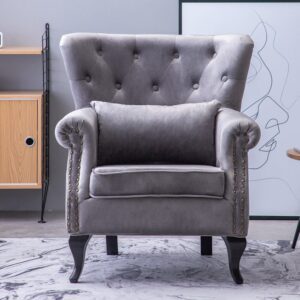 85cm Height Grey Tufted Velvet Upholstered Wingback Chair with Pillow
