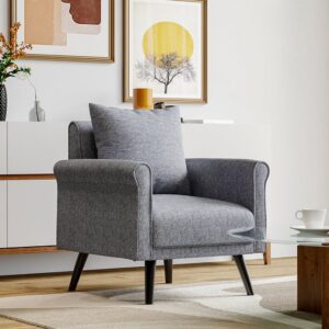Blue/Grey Fabric Armchair with Wooden Frame and Rolled Arms