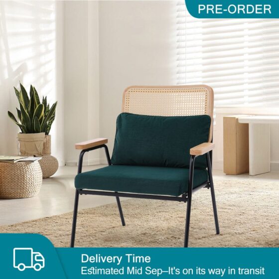 Green Upholstered Rattan Back Armchair with Metal Legs