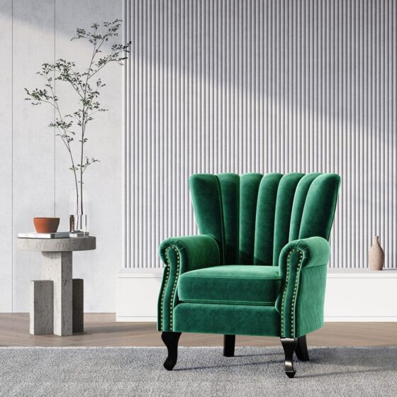 Green Velvet Upholstered Wingback Chair Thick Padded Armchair