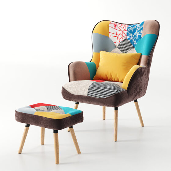 Multicolour Patched Fabric Wingback Chair and Footstool Set