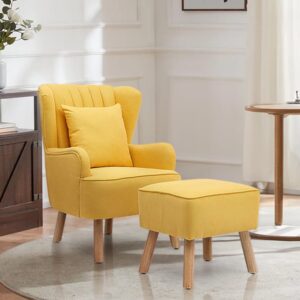 Yellow/Grey Contemporary Upholstered Wingback Chair and Footstool Set