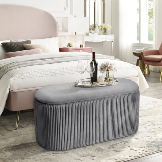 78cm Wide Oval Velvet Storage Bench Vertical Stripes Footstool