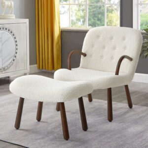 Modern White Lamb Wool Armchair with Ottoman Set Lounge Chair with Footstool