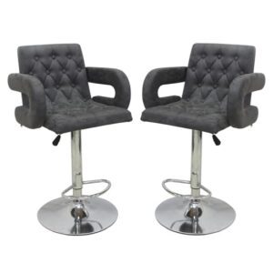 Silvis Adjustable Grey Plush Velvet Bar Stools In Pair