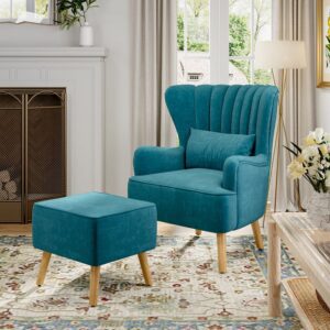 77cm W Occasion Faux Wool Wingback Chair Padded Armchair and Footstool
