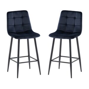 Belva Deep Blue Velvet Fabric Counter Bar Stools In Pair
