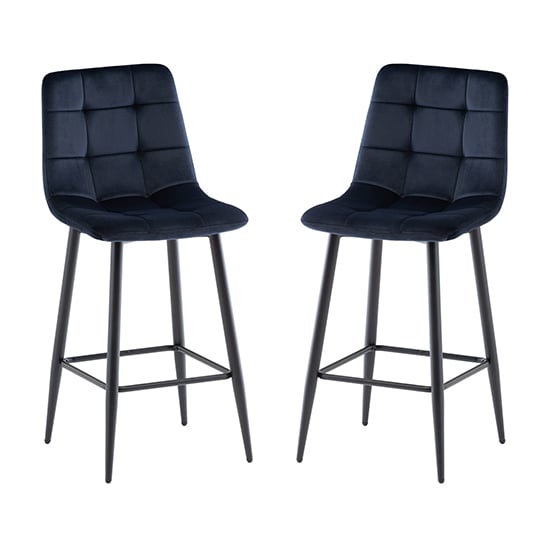 Belva Deep Blue Velvet Fabric Counter Bar Stools In Pair
