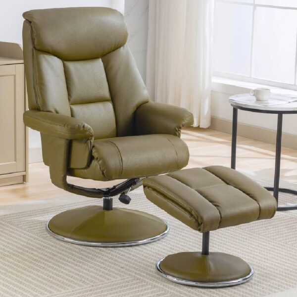 Brixton Faux Leather Recliner Chair With Stool In Olive Green