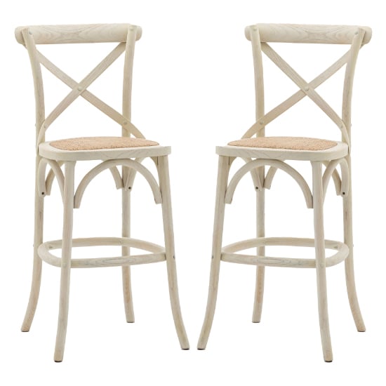 Caria White Wooden Bar Stools With Rattan Seat In Pair