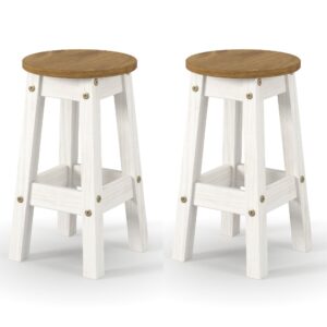 Consett White And Oak Round Wooden Bar Stools In Pair