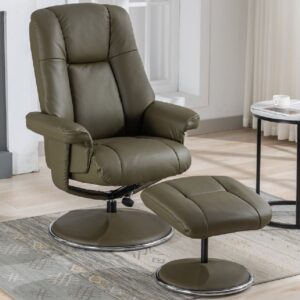 Dollis Leather Recliner Chair With Stool In Olive Green
