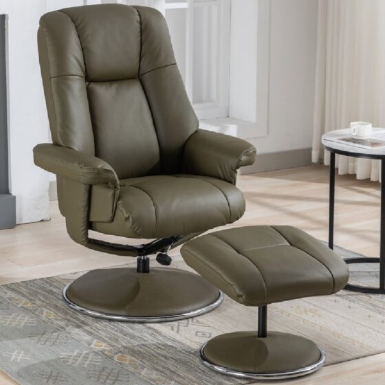 Dollis Leather Recliner Chair With Stool In Olive Green