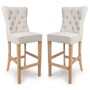 Elyria Linen Fabric Bar Stool With Oak Legs In Pair