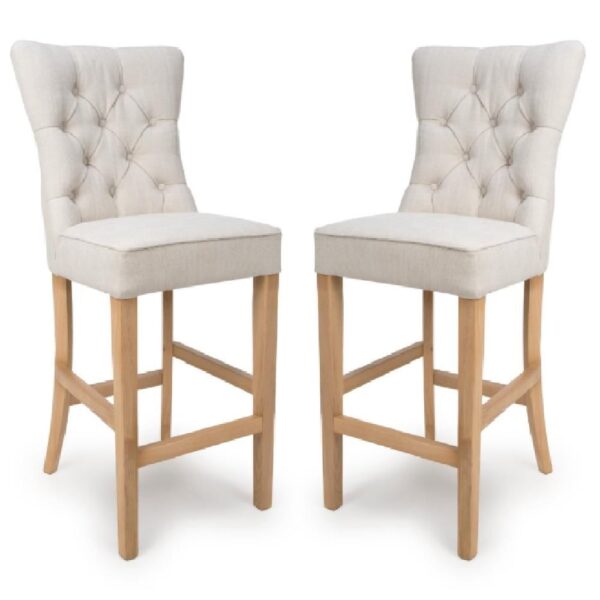 Elyria Linen Fabric Bar Stool With Oak Legs In Pair