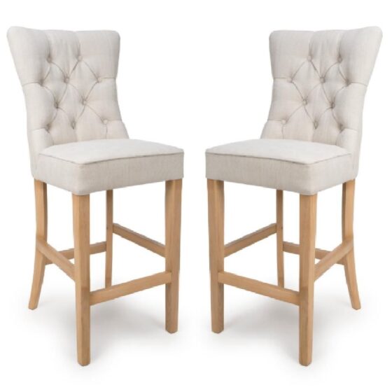 Elyria Linen Fabric Bar Stool With Oak Legs In Pair