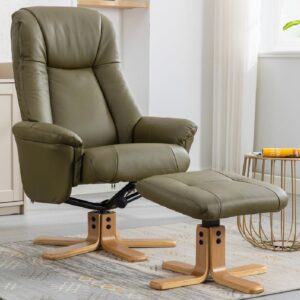 Hatton Leather Recliner Chair With Stool In Olive Green And Oak