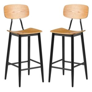 Jona Ply Oak Wooden Bar Stools In Pair