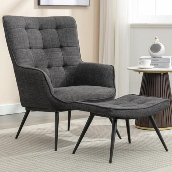 Keene Fabric Accent Chair With Stool In Charcoal