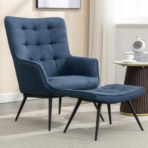 Keene Fabric Accent Chair With Stool In Denim Blue