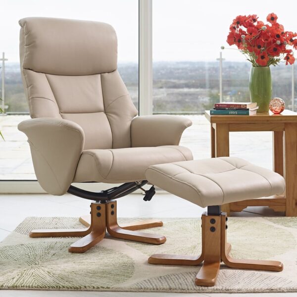 Maida Leather Recliner Chair With Footstool In Cafe Latte