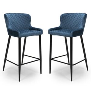 Margate Blue Fabric Bar Stools With Metal Legs In Pair